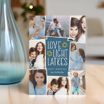 Cartes Pour Fêtes Annuelles Amour, Lumière & Latkes | Hanoukka Photo Collage<br><div class="desc">Un carte photo Hanoukka amusant et festif présente huit photos disposées dans un montage. "Amour,  lumière,  lokes" apparaît dans le centre en lettres blanches sur un arrière - plan bleu foncé accentué d'étoiles. Personnalisez avec vos noms et l'année.</div>