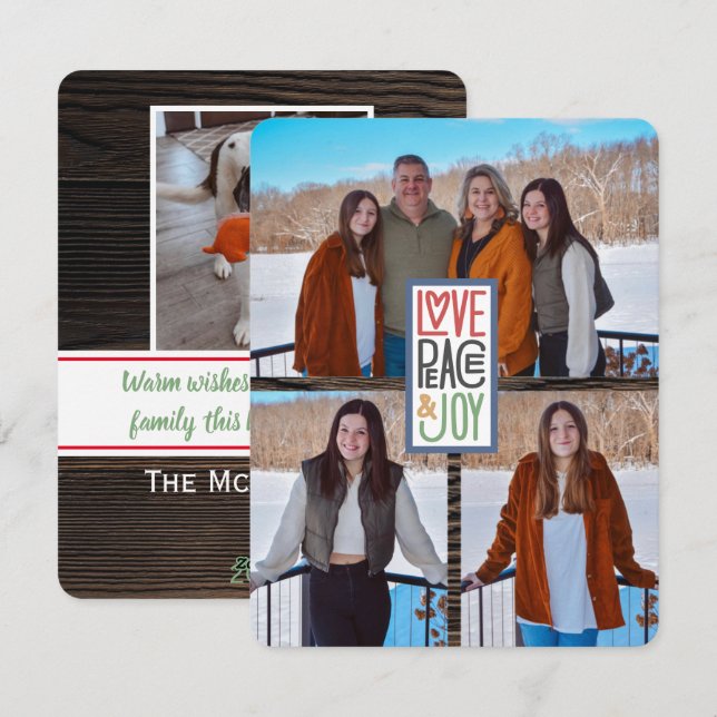 Cartes Pour Fêtes Annuelles Amour Paix & Joie (ajoutez vos photos) Bois Rustiq (Devant / Derrière)