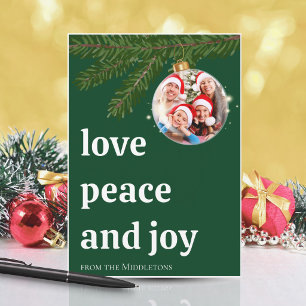 Cartes Pour Fêtes Annuelles Amour Paix Joie Noël Empilé Photo Vert Foncé