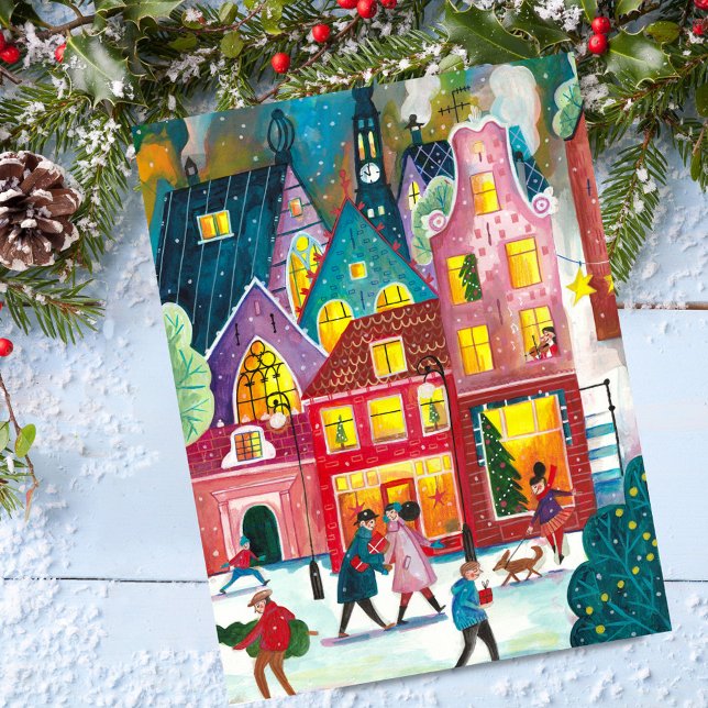 Cartes Pour Fêtes Annuelles Amsterdam ville dans la neige illustration Noël (Amsterdam city in the snow illustration Christmas Holiday Postcard)