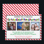 Cartes Pour Fêtes Annuelles Amusant et original Trois photos incluses dans un<br><div class="desc">Cette carte de vacances amusante et originale présente trois photos et une légende humoristique et politiquement correcte qui dit "Je vous souhaite un ChristmaSolsticHanukKwanzaa fabuleux !" - mélangeant les mots Noël, Solstice, Hanouka et Kwanzaa en un seul long mot drôle. Le fond est à rayures rouges et blanches et il...</div>