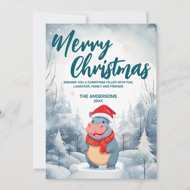 Cartes Pour Fêtes Annuelles Amusant HIPPO Joyeux Xmas arbre neige Fête de vaca (Devant)