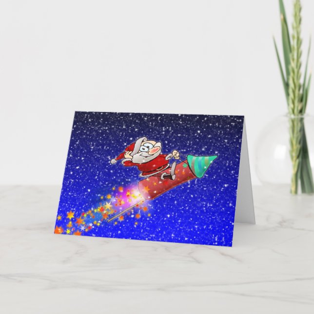 Cartes Pour Fêtes Annuelles Amusant Joyeux Père Noël À La Course D'Une Roquett (Devant)