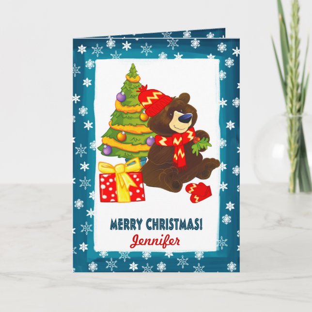 Cartes Pour Fêtes Annuelles Amusant Teddy Bear | Nom personnalisé Noël (Devant)