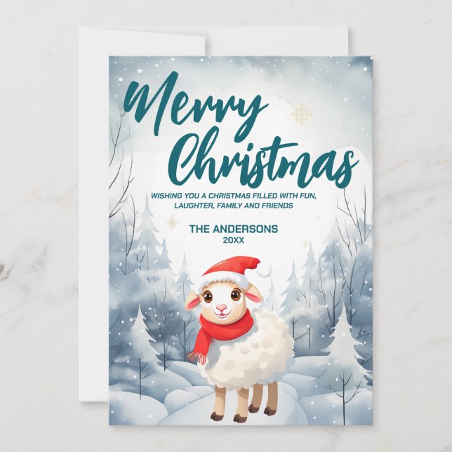 Cartes Pour Fêtes Annuelles Amusante Lampe à mouton Joyeux arbre de Noël neige (Devant)