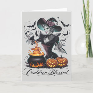 Cartes Pour Fêtes Annuelles Amusante Vintage Cauldron Bienheureuse Sorcière Ha