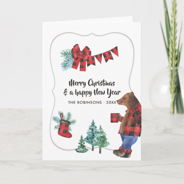 Cartes Pour Fêtes Annuelles Amusants Buffalo Plaid Bois de Lumière Ours Noël P (Devant)