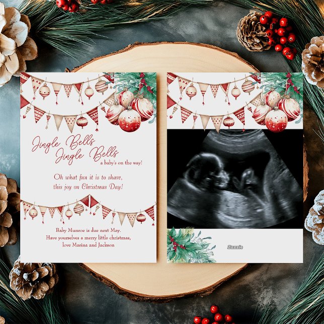 Cartes Pour Fêtes Annuelles Analyse par ultrasons Photo Scandi Grossesse Révél (Christmas Card Pregnancy Announcement with your baby scan ultrasound photo)