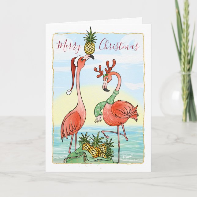 Cartes Pour Fêtes Annuelles Ananas tropical Flamant rose rose Noël (Devant)