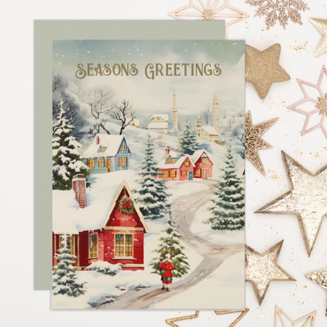 Cartes Pour Fêtes Annuelles Ancien Joyeuses Fêtes du village couvert de neige (Old-time village, "Season's Greetings" custom Christmas/holiday card, personalized with your text.)