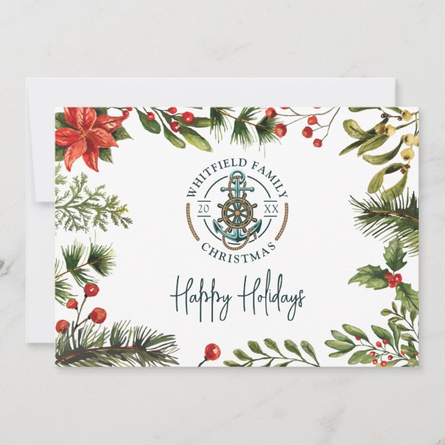 Cartes Pour Fêtes Annuelles Ancre nautique Maison de plage de la famille Noël (Devant)