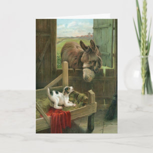 Cartes Pour Fêtes Annuelles Âne vintage et chiot dans la vieille basse-cour de