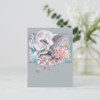 Cartes Pour Fêtes Annuelles Ange au clair de lune — Lune et fleurs roses, pale