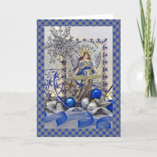 Cartes Pour Fêtes Annuelles Ange bleu victorien avec frontière