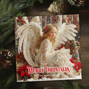 Cartes Pour Fêtes Annuelles Ange de Noël à l'aquarelle poinsettias rouges chic