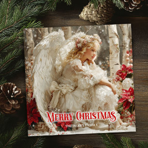 Cartes Pour Fêtes Annuelles ange de Noël rustique poinsettias rouges saisonnie
