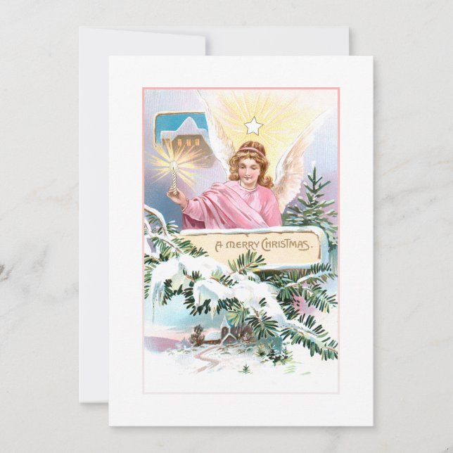 Cartes Pour Fêtes Annuelles Ange de Noël Vintage, Etoile et Pin couvert de nei (Devant)