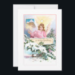 Cartes Pour Fêtes Annuelles Ange de Noël Vintage, Etoile et Pin couvert de nei<br><div class="desc">L'art de la carte de Noël victorienne restaurée nostalgique présente un bel ange ailé aux cheveux dorés en robes roses sous une étoile brillante tenant une chandelle éclairée avec un chalet en arrière - plan entouré de pin enneigé et une bannière lisant "Un joyeux Noël." Le dos de la carte...</div>