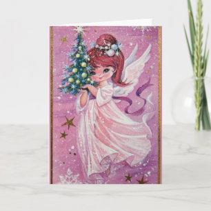 Cartes Pour Fêtes Annuelles Ange de Noël Vintage tenant arbre