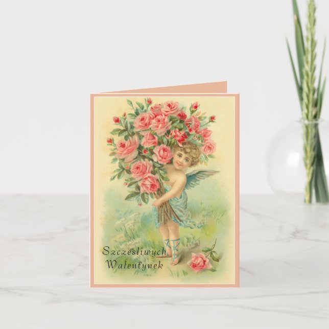 Cartes Pour Fêtes Annuelles Ange polonais de jour de Valentines avec des roses (Devant)