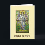 Cartes Pour Fêtes Annuelles Ange religieux en verre souillé de bénédictions de<br><div class="desc">C'est une belle salutation vintage traditionnelle de Pâques avec une image en verre souillé d'un ange à la tombe de Jésus. Inscrits ci-dessous sont les mots,  "je suis la résurrection et la vie".   L'intérieur inclut un vers qui peut être modifié.</div>