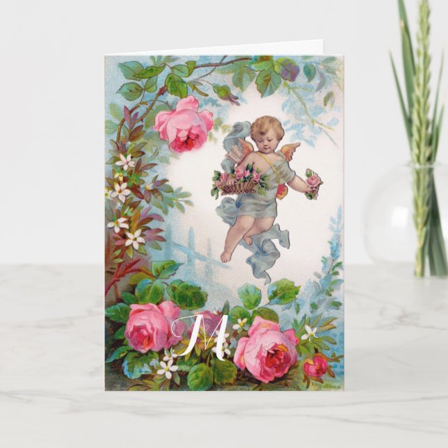 CARTES POUR FÊTES ANNUELLES ANGE ROMANTIQUE RASSEMBLANT ROSES ET FLEURS ROSES  (Devant)