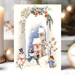 Cartes Pour Fêtes Annuelles Ange Snowmen Vintage Courrier Noël<br><div class="desc">Vintage Snowmen Angel Boy Courrier voiture de Noël de Noël. Ce dessin est composé de deux hommes de neige et d'un messager d'anges. Quelle belle scène de vacances rétro. Personnalisez ce design personnalisé avec votre propre salutation intérieure.</div>