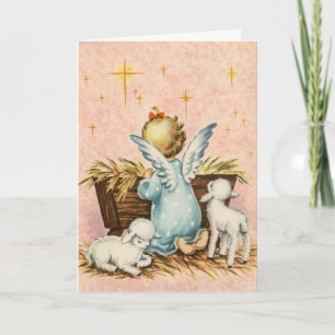 Cartes Pour Fêtes Annuelles Ange vintage et agneaux assis près d'une crèche