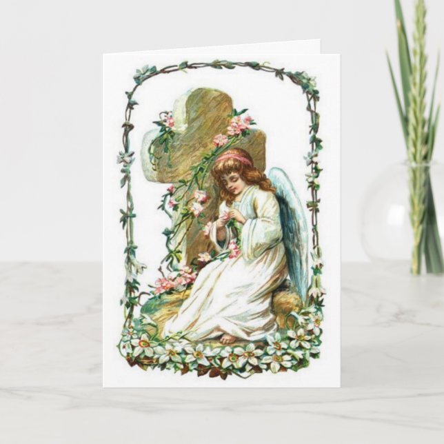 Cartes Pour Fêtes Annuelles Angel Avec Croix Et Fleurs (Devant)