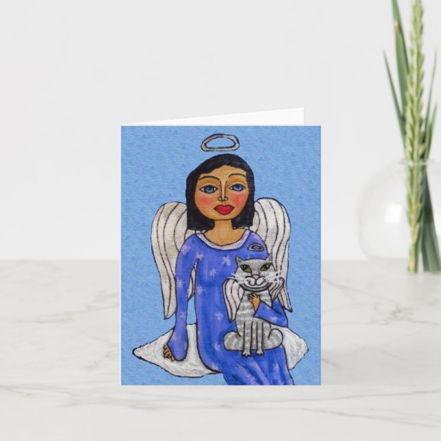 Cartes Pour Fêtes Annuelles Angel Blue Dress on Cloud With White Angel Cat (Devant)
