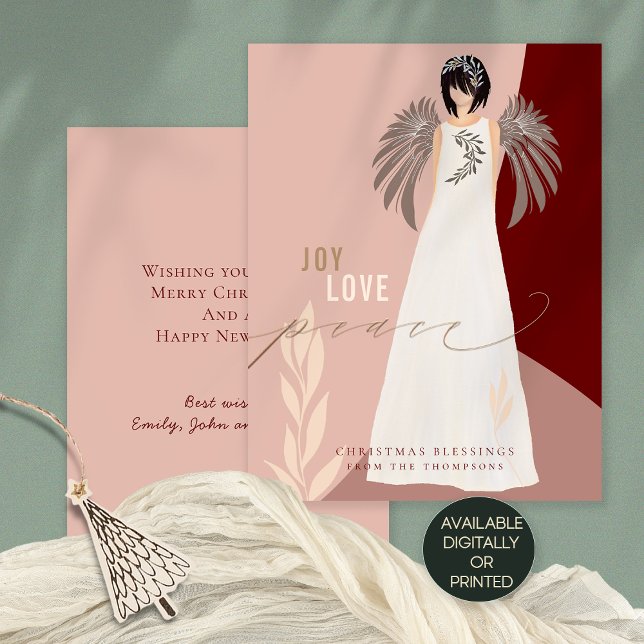 Cartes Pour Fêtes Annuelles Angel contemporain Joy Love Paix Noël (Front and back view, Available digitally and printed.)