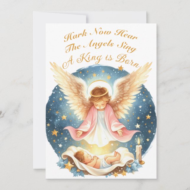 Cartes Pour Fêtes Annuelles Angel regardant Baby Jesus Plat Holiday Card (Devant)