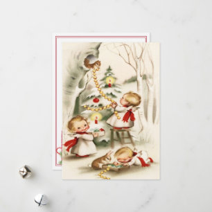 Cartes Pour Fêtes Annuelles Anges de Noël Rétro Vintage Lapin Écureuil d'Arbre
