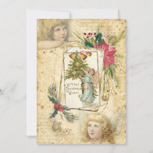 Cartes Pour Fêtes Annuelles Anges de Noël Vintage, Holly & Poinsettias