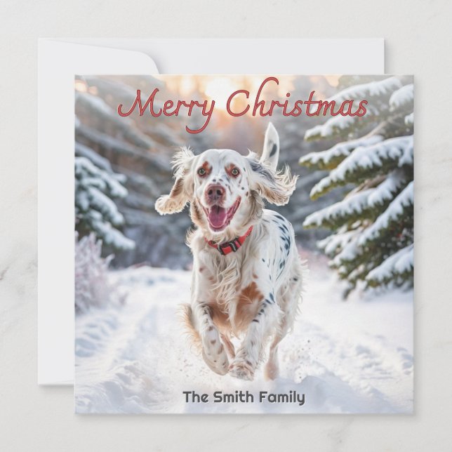 Cartes Pour Fêtes Annuelles Anglais Setter Chien Neige Aquarelle Joyeux Noël (Devant)