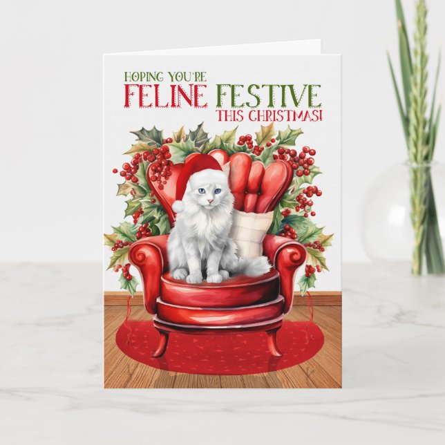 Cartes Pour Fêtes Annuelles Angora Christmas Chat FELINE Festive (Devant)