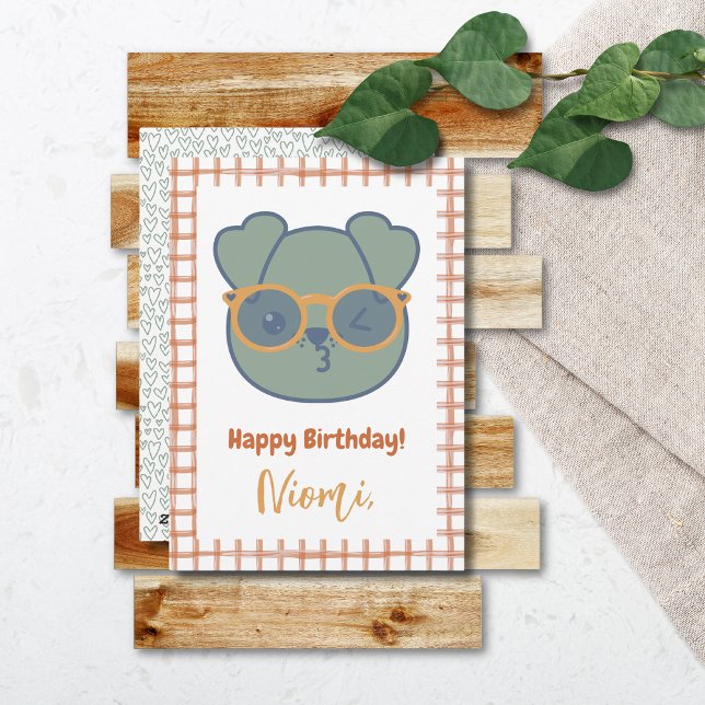 Cartes Pour Fêtes Annuelles Animal de ferme Anniversaire Coeurs de chien En vi (Farm Animal Birthday Card Dog Orange Gingham Border Heart Pattern)
