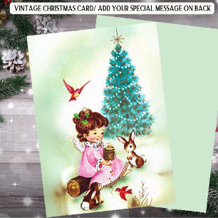 Cartes Pour Fêtes Annuelles Animaux de la forêt et enfant de Noël vintage