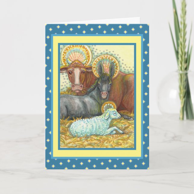 CARTES POUR FÊTES ANNUELLES ANIMAUX DE LA NATIVITÉ EN STABLE, OX, ÂNE ET MOUCH (Devant)