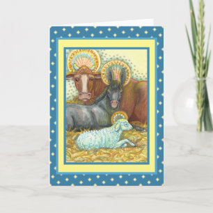 CARTES POUR FÊTES ANNUELLES ANIMAUX DE LA NATIVITÉ EN STABLE, OX, ÂNE ET MOUCH