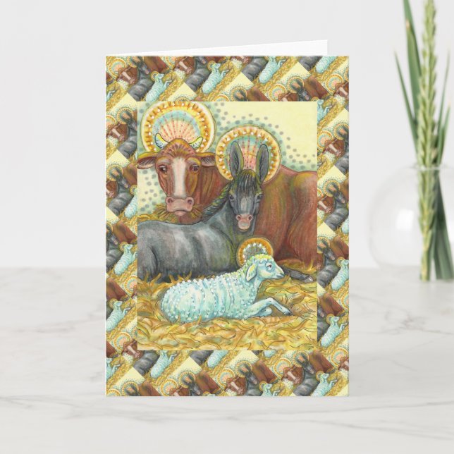 CARTES POUR FÊTES ANNUELLES ANIMAUX DE LA NATIVITÉ EN STABLE, OX, ÂNE ET MOUCH (Devant)