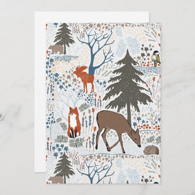 Cartes Pour Fêtes Annuelles Animaux des bois d'hiver de vacances (Devant / Derrière)