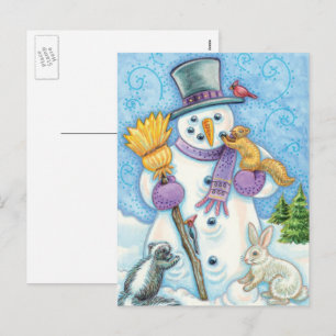Cartes Pour Fêtes Annuelles Animaux mignons construisant un bonhomme de neige 