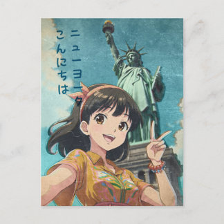 Cartes Pour Fêtes Annuelles Anime Girl and Statue of Liberty, New York - Retro