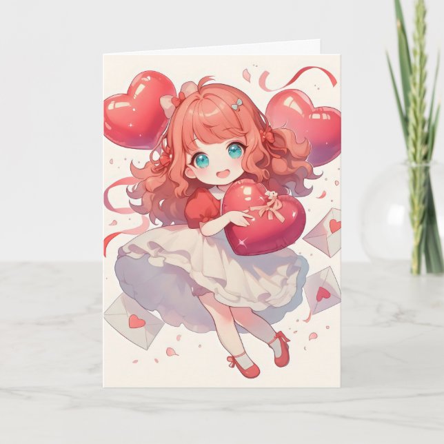 Cartes Pour Fêtes Annuelles Anime Kawaii fille amour de coeur (Devant)