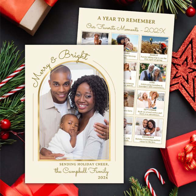 Cartes Pour Fêtes Annuelles Année en revue Gold Beige Arch 13 Photo Collage (Créateur téléchargé)