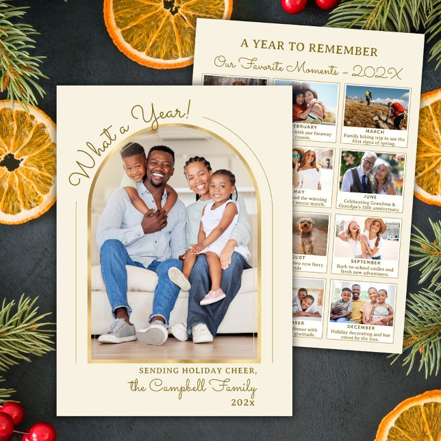 Cartes Pour Fêtes Annuelles Année en revue Gold Beige Arch Photo Collage (Créateur téléchargé)