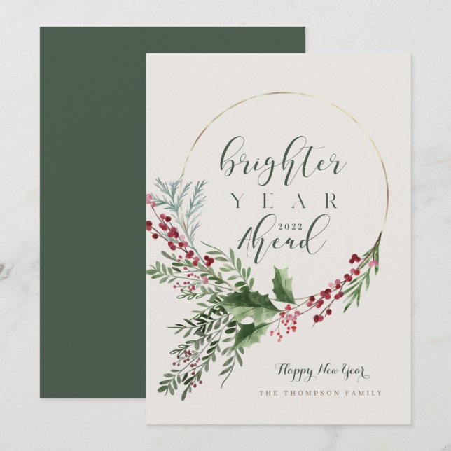 Cartes Pour Fêtes Annuelles Année plus brillante à l'avenir Aquarelle Wreath N (Devant / Derrière)