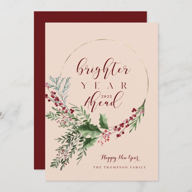 Cartes Pour Fêtes Annuelles Année plus brillante à l'avenir Aquarelle Wreath N (Devant / Derrière)