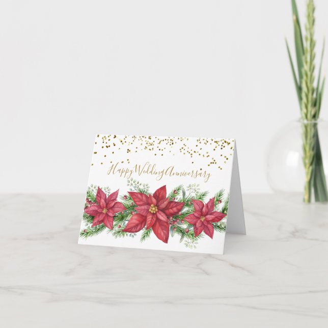 Cartes Pour Fêtes Annuelles Anniversaire de mariage à Noël avec des poinsettia (Devant)